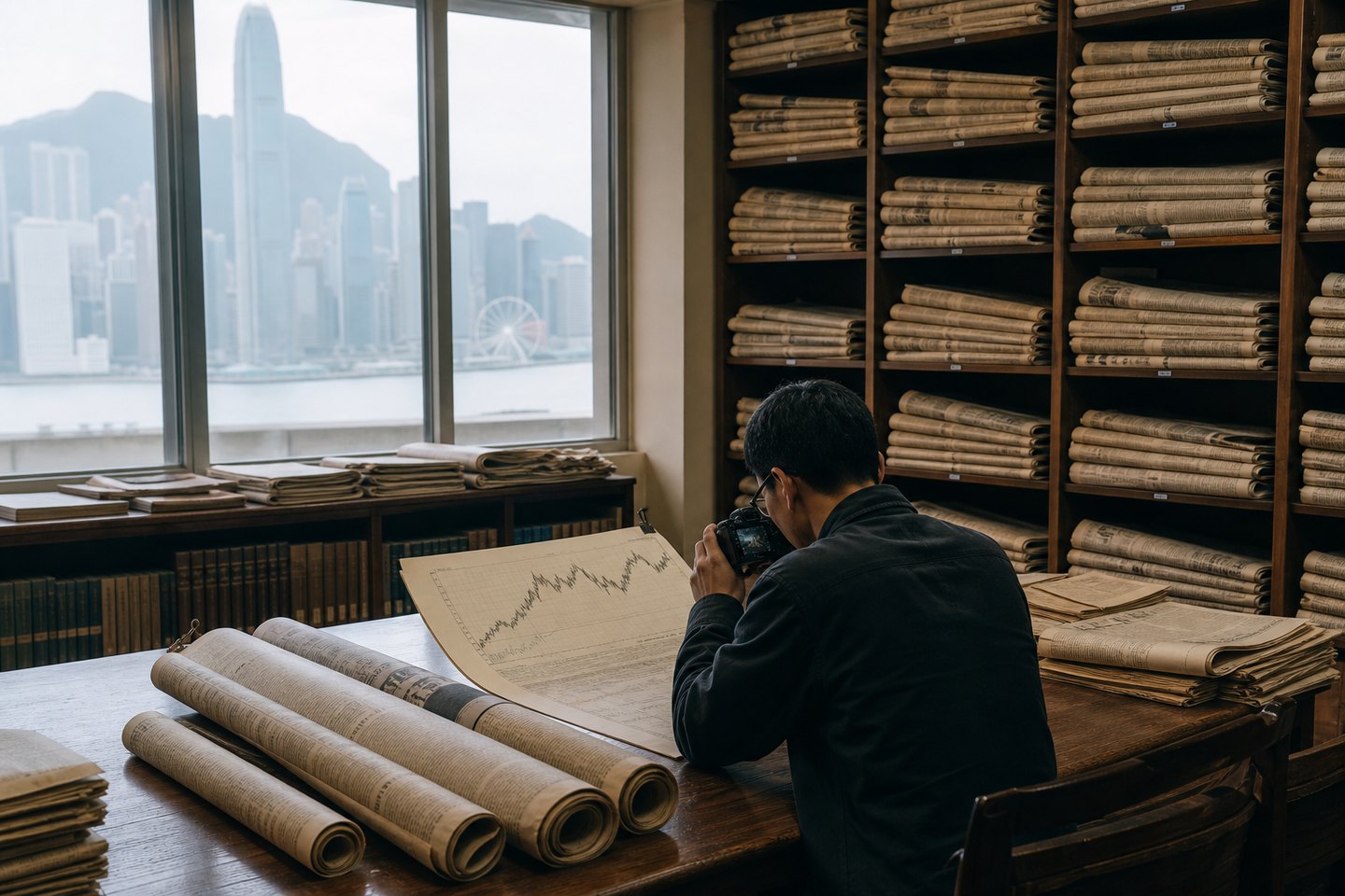 Researcher documenting a chart in a financial archive
